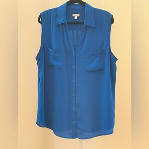 Talbots Blouse Women's XLarge Blue Sleeveless V-Neck Collared Pocket Tank